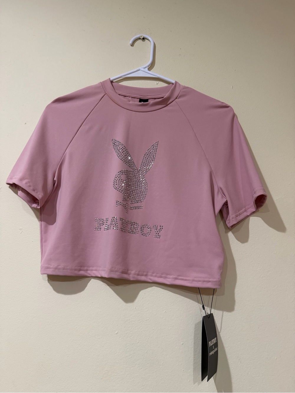 PLAYBOY Dusty Pink Rhinestone Bunny Cropped Tee